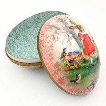 6" Pink Papier Mache Easter Egg Container with Vintage Bunny and Egg Cart ~ Germany